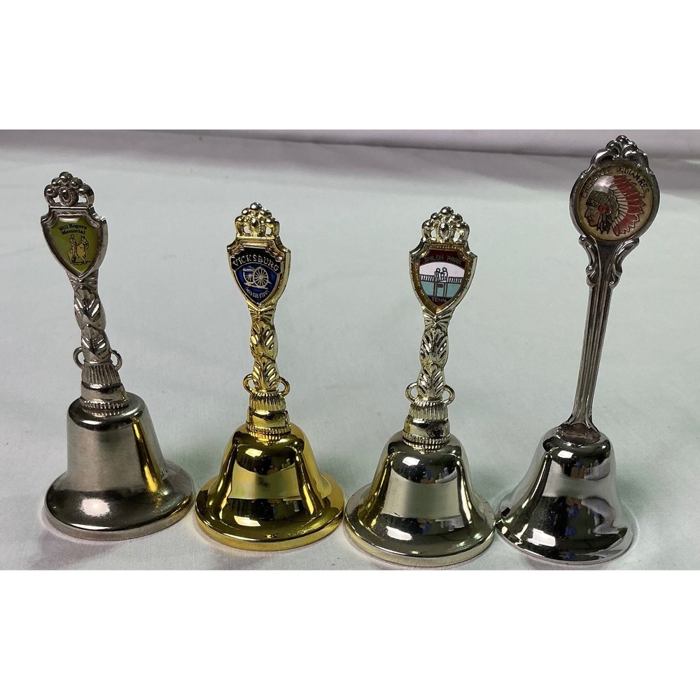 4 Vintage Souvenir Hand Bells Vicksburg Shiloh Park Will Rogers Native American